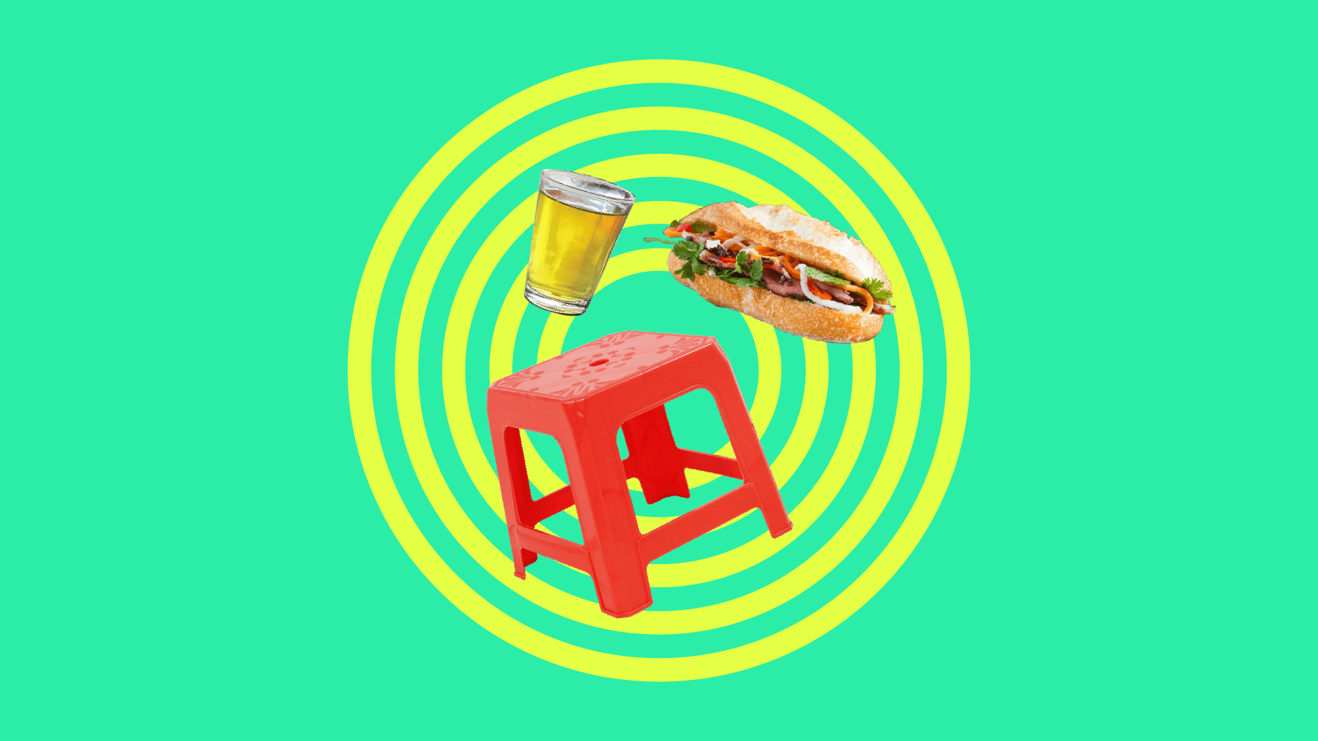 This is a cut out image of a red stool, Vietnamese iced tea, and banh mi pizza on top of yellow circles on a green background