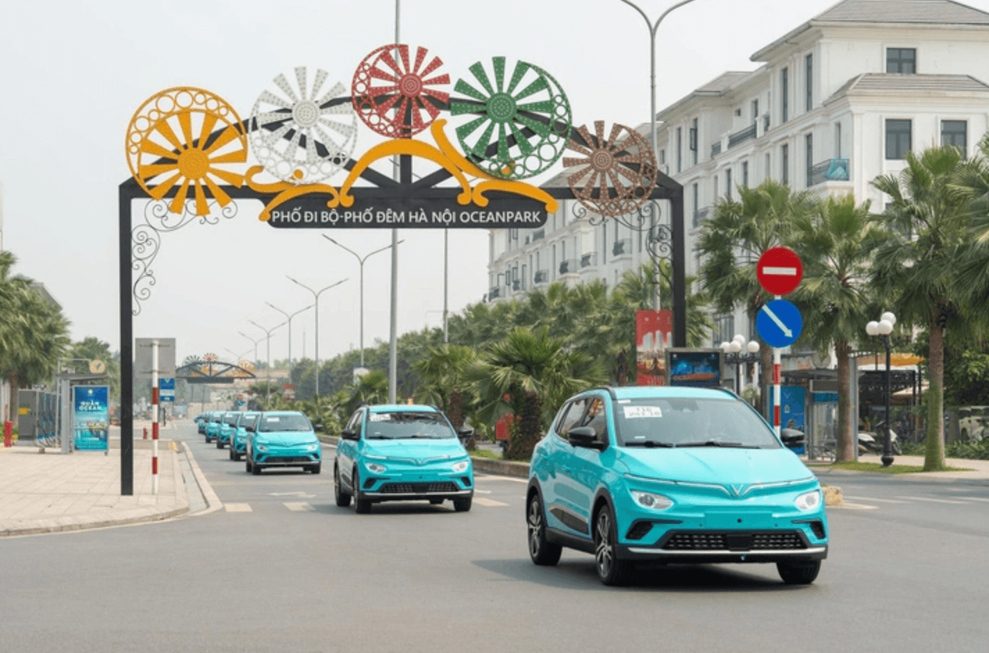 This is an image of Vinfast's fleet of electric taxies in Vietnam