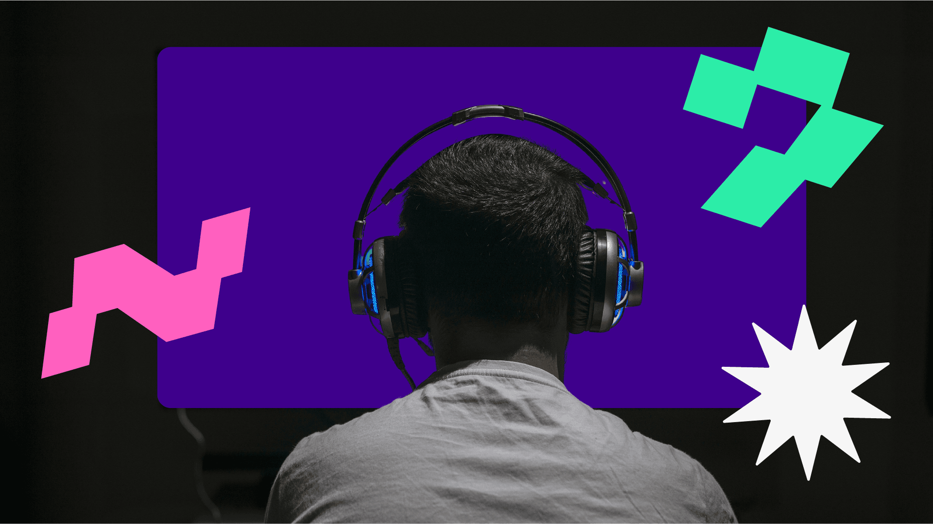 This is an image of a man wearing headphone and sitting in front of the PC screen