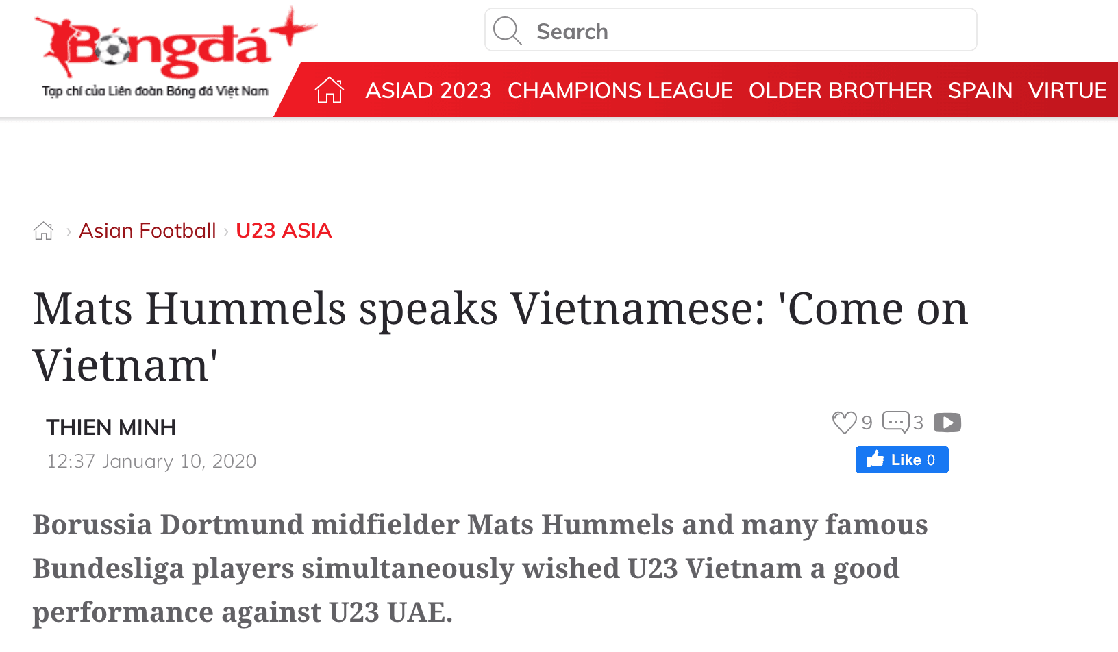This is a newspaper clipping of Bundesliga's earned media in Vietnam