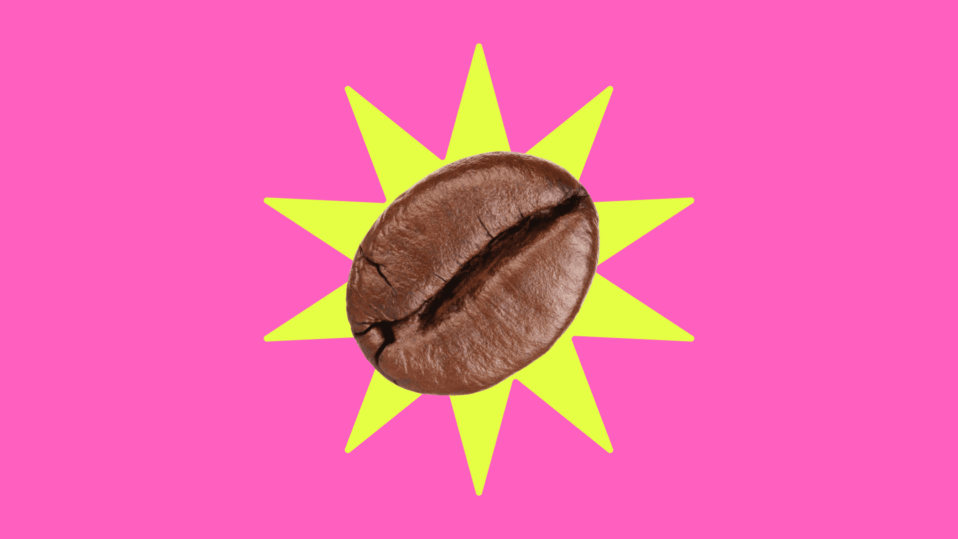 This is a cut out image of a coffee bean on top of a yellow star on a pink background